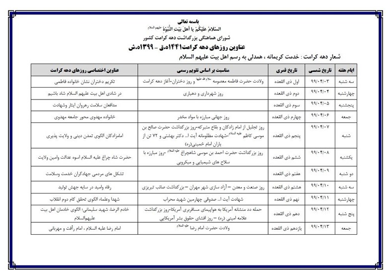 عناوین و شعار روزهای دهه کرامت اعلام شد